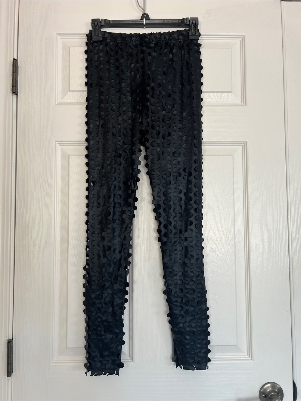 Women's Black Textured Stretch Fabric Dot Leggings with Pull-On Waistband